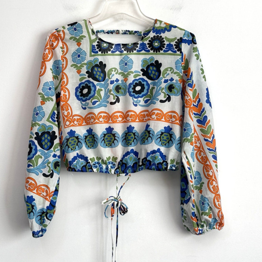 MANGO MNG Cropped Blouse Top 4 Italian Fabric Tie Waist Boho Summer Floral VBack